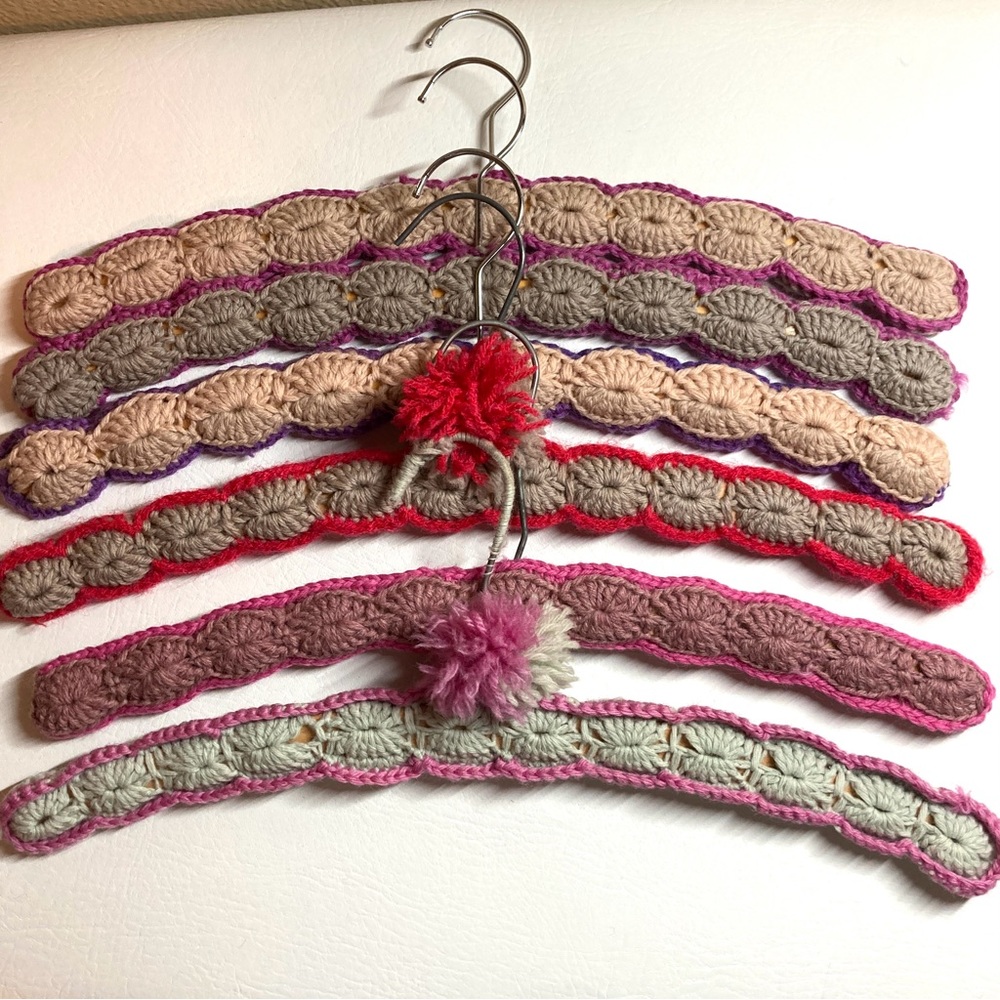 Lot of 6 Vintage Crochet Covered Wooden Clothes Hangers Swivel Hook 70's